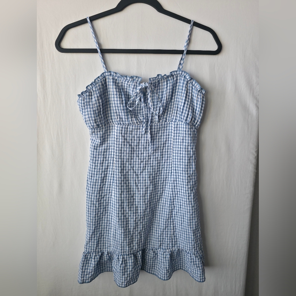 LA Hearts Blue Gingham Milkmaid Babydoll Mini Dress Ruffle Trim Coquette XS